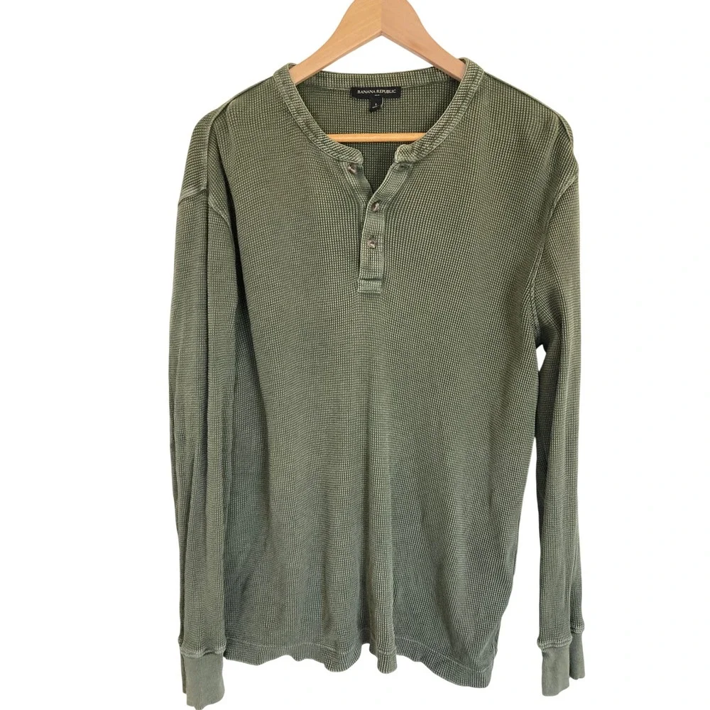 Banana Republic Mens Rustic Waffle Henley Sheltered Earth Green 756795-06 Large